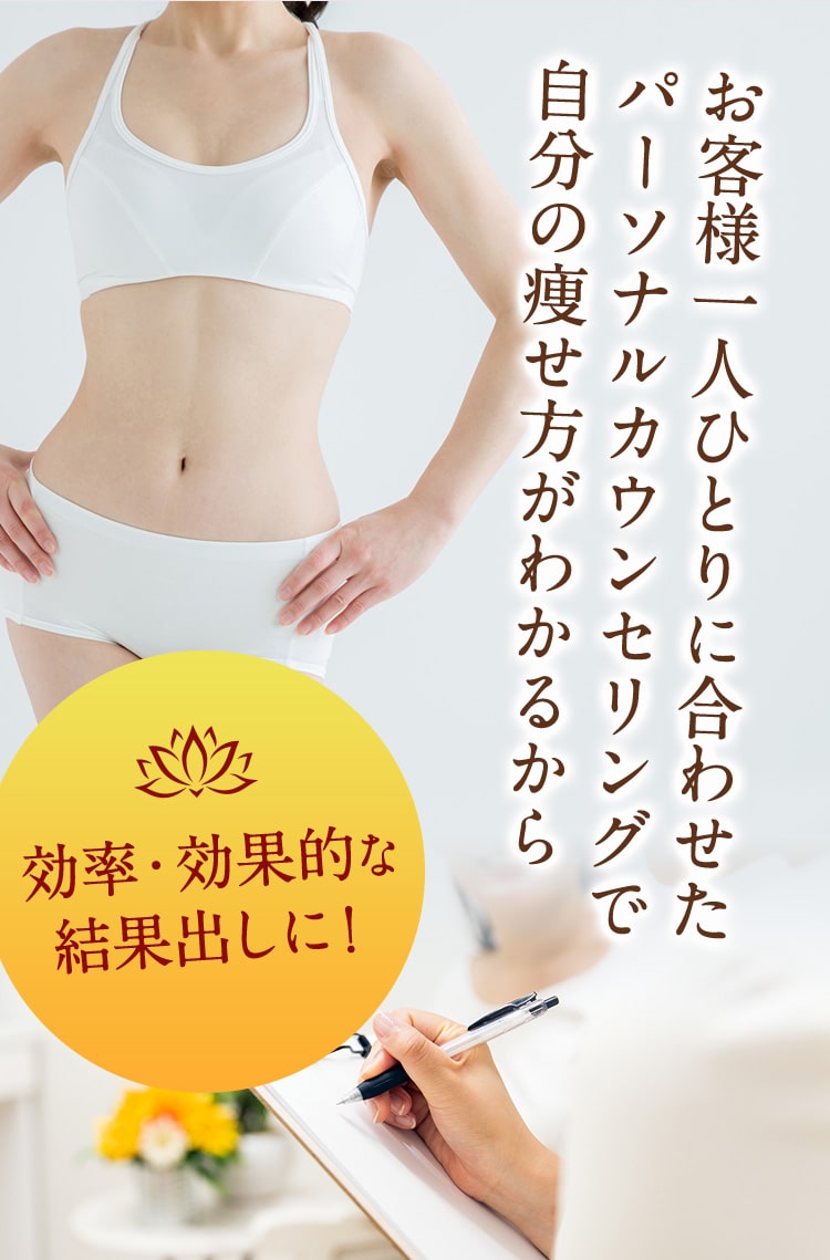お客様一人ひとりに合わせたパーソナルカウンセリングで自分の痩せ方がわかるから効果・効果的な結果出しに！